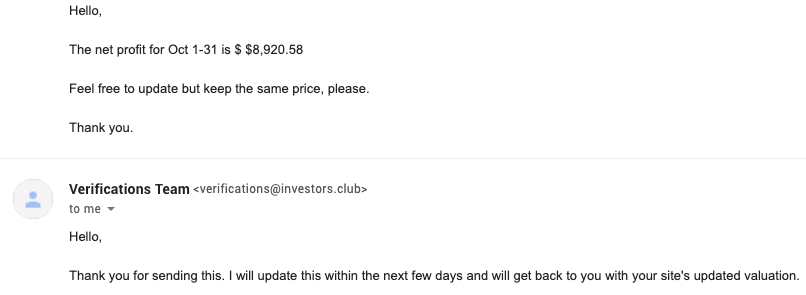 Fail with updates on selling price for my website on Investor Club